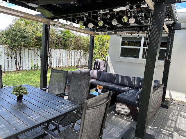 9224 Byron Ave, Surfside, FL 33154 - deck featuring fence, ceiling fan, outdoor dining area, an outdoor hangout area, and a pergola