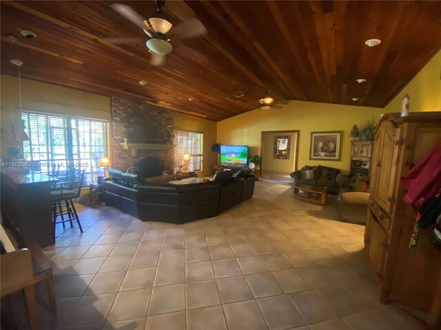 2180 SW 115th Ter, Davie, FL 33325 - living area featuring vaulted ceiling, tile patterned floors, wood ceiling, ceiling fan, and a fireplace