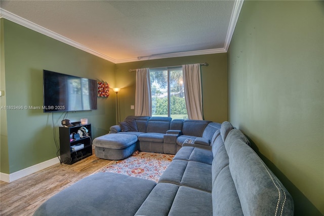living room featuring crown molding, wood finished floors, baseboards, and a textured ceiling