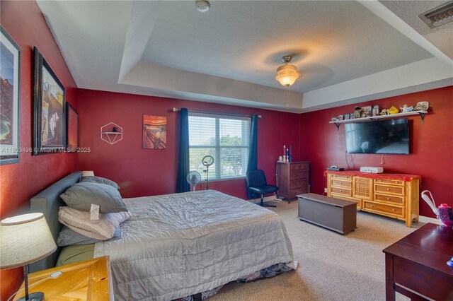 carpeted bedroom with a raised ceiling