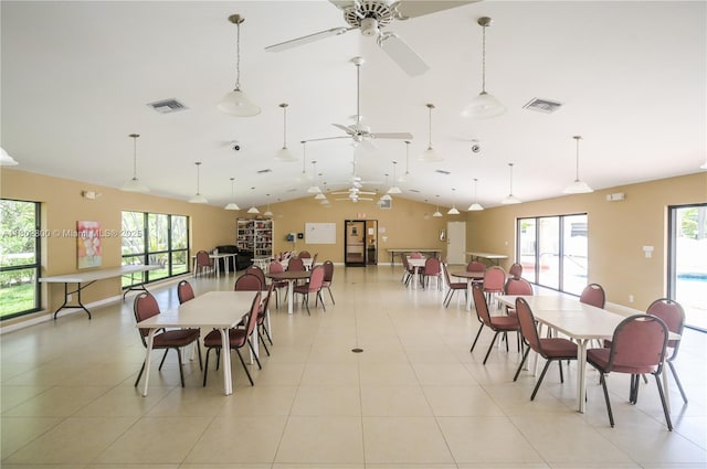 401 SE 3rd St Unit 403, Dania Beach, FL 33004 - dining room featuring lofted ceiling, light tile patterned flooring, and ceiling fan