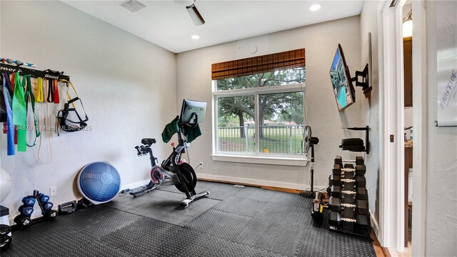 2495 Eagle Watch Ln, Weston, FL 33327 - exercise room with ceiling fan, baseboards, and recessed lighting
