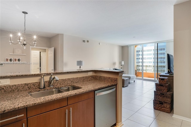2080 S Ocean Dr Unit Ph4, Hallandale Beach, FL 33009 - kitchen with a sink, dishwasher, open floor plan, light tile patterned flooring, and expansive windows