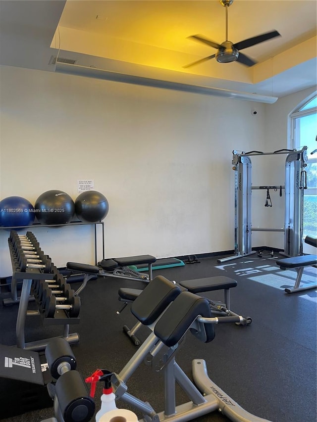 2080 S Ocean Dr Unit Ph4, Hallandale Beach, FL 33009 - gym with ceiling fan and a raised ceiling