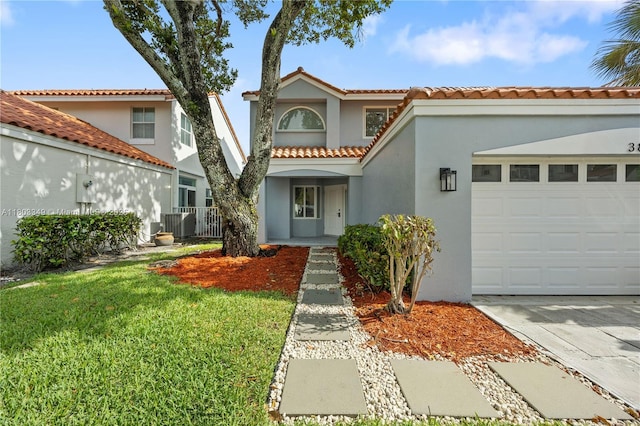 3835 Lombardy St, Hollywood, FL 33021 - mediterranean / spanish-style home featuring stucco siding, a tiled roof, a garage, a front yard, and central air condition unit