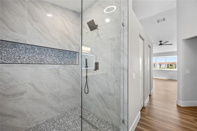 3835 Lombardy St, Hollywood, FL 33021 - bathroom with a marble finish shower, baseboards, wood finished floors, and a ceiling fan