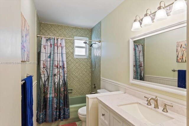 9750 SW 143rd Dr, Miami, FL 33176 - bathroom with toilet, shower / tub combo, vanity, and wainscoting