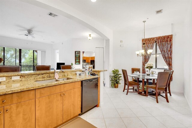 2901 NW 126th Ave Unit 2-415, Sunrise, FL 33323 - kitchen featuring a sink, black dishwasher, light stone counters, and a chandelier