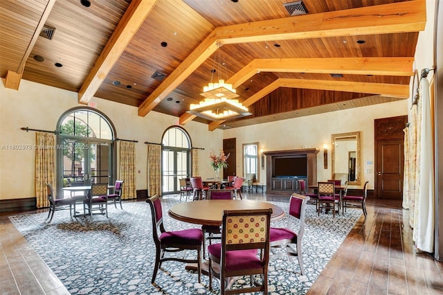 2901 NW 126th Ave Unit 2-415, Sunrise, FL 33323 - dining area with wooden ceiling, hardwood / wood-style floors, beamed ceiling, high vaulted ceiling, and baseboards