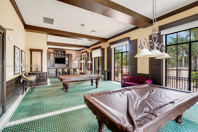 2901 NW 126th Ave Unit 2-415, Sunrise, FL 33323 - playroom featuring billiards table, carpet, beam ceiling, crown molding, and a wainscoted wall
