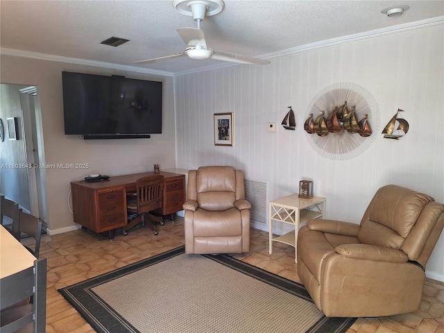1101 SW 75th Ter, Plantation, FL 33317 - living room featuring ornamental molding, ceiling fan, an office area, and a textured ceiling