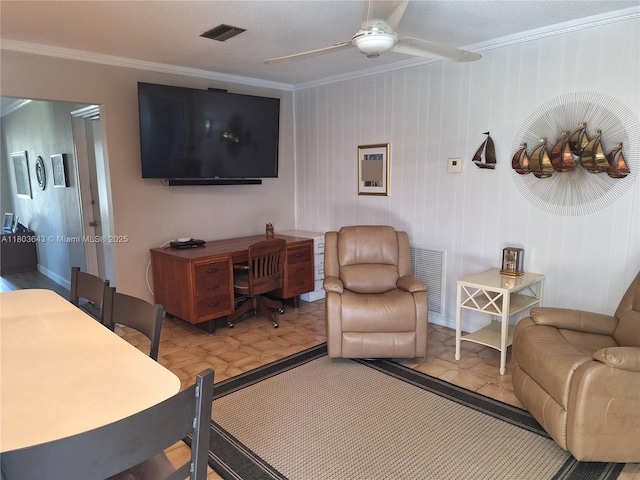 1101 SW 75th Ter, Plantation, FL 33317 - living room with crown molding, a ceiling fan, and a desk