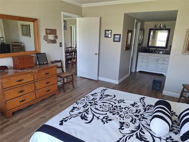 1101 SW 75th Ter, Plantation, FL 33317 - bedroom featuring crown molding, dark wood finished floors, baseboards, and connected bathroom