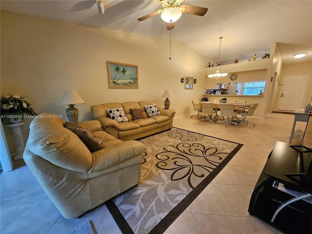 1301 Sabal Ridge Cir Unit G, Palm Beach Gardens, FL 33418 - living area with a ceiling fan, tile patterned floors, vaulted ceiling, and a chandelier