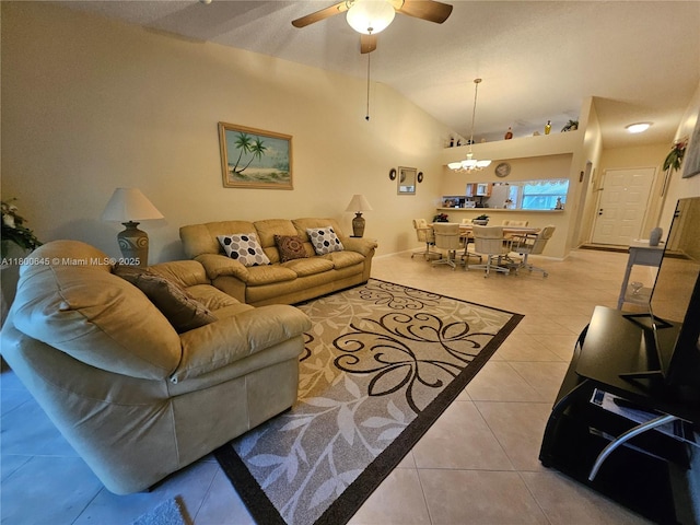 1301 Sabal Ridge Cir Unit G, Palm Beach Gardens, FL 33418 - tiled living area with lofted ceiling and ceiling fan