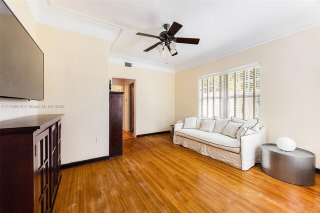 1801 SW 12th St, Miami, FL 33135 - living room with ceiling fan, hardwood / wood-style floors, baseboards, and ornamental molding