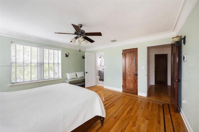 1801 SW 12th St, Miami, FL 33135 - bedroom featuring crown molding, light wood-style flooring, baseboards, ceiling fan, and ensuite bath