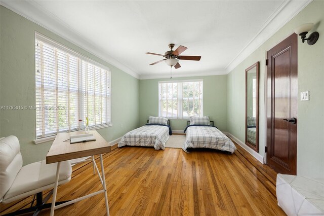 1801 SW 12th St, Miami, FL 33135 - bedroom featuring wood finished floors, ornamental molding, baseboards, and a ceiling fan