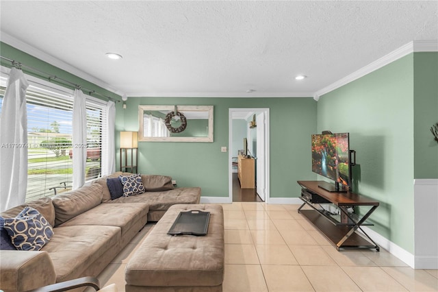 11400 NW 29th Mnr, Sunrise, FL 33323 - tiled living room featuring ornamental molding, recessed lighting, a textured ceiling, and baseboards