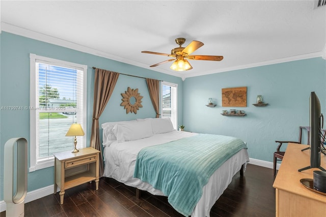 11400 NW 29th Mnr, Sunrise, FL 33323 - bedroom featuring crown molding, dark wood-style floors, baseboards, and a ceiling fan