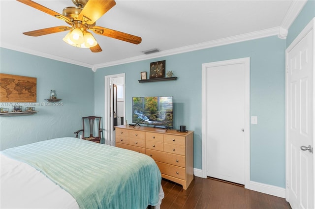 11400 NW 29th Mnr, Sunrise, FL 33323 - bedroom with crown molding, dark wood-style floors, baseboards, and a ceiling fan
