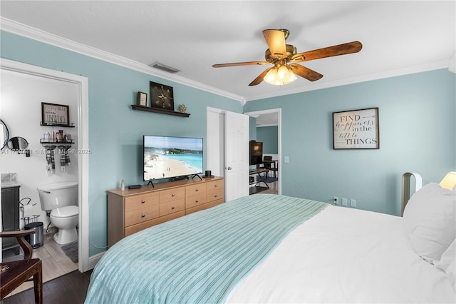 11400 NW 29th Mnr, Sunrise, FL 33323 - bedroom with ornamental molding, dark wood finished floors, ceiling fan, and ensuite bath