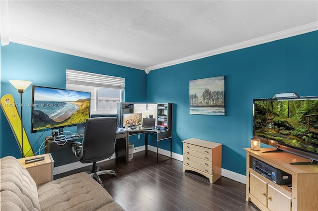 11400 NW 29th Mnr, Sunrise, FL 33323 - home office featuring crown molding, baseboards, dark wood-style floors, and a textured ceiling