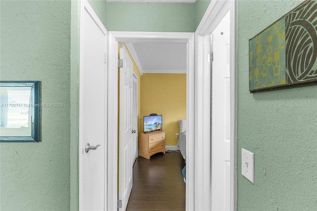 11400 NW 29th Mnr, Sunrise, FL 33323 - corridor with a textured wall, dark wood-type flooring, crown molding, and baseboards