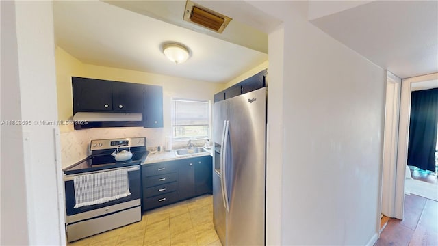 9121 Sunrise Lakes Blvd Unit 201, Sunrise, FL 33322 - kitchen featuring appliances with stainless steel finishes, ventilation hood, a sink, and light countertops