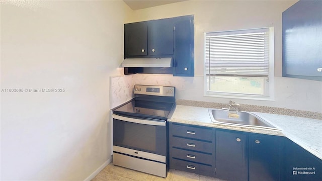 9121 Sunrise Lakes Blvd Unit 201, Sunrise, FL 33322 - kitchen with stainless steel range with electric stovetop, extractor fan, blue cabinetry, a sink, and light countertops