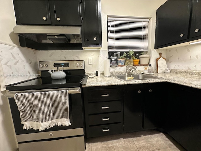 9121 Sunrise Lakes Blvd Unit 201, Sunrise, FL 33322 - kitchen with electric range, dark cabinetry, range hood, tasteful backsplash, and a sink