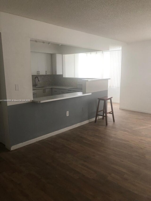 250 180th Dr Unit 108, Sunny Isles Beach, FL 33160 - kitchen featuring dark wood-style floors, white cabinetry, tasteful backsplash, a textured ceiling, and a sink