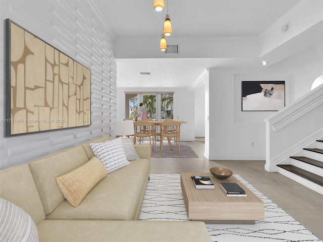 3144 NE 212th St, Aventura, FL 33180 - living room featuring tile patterned floors, stairway, crown molding, baseboards, and recessed lighting