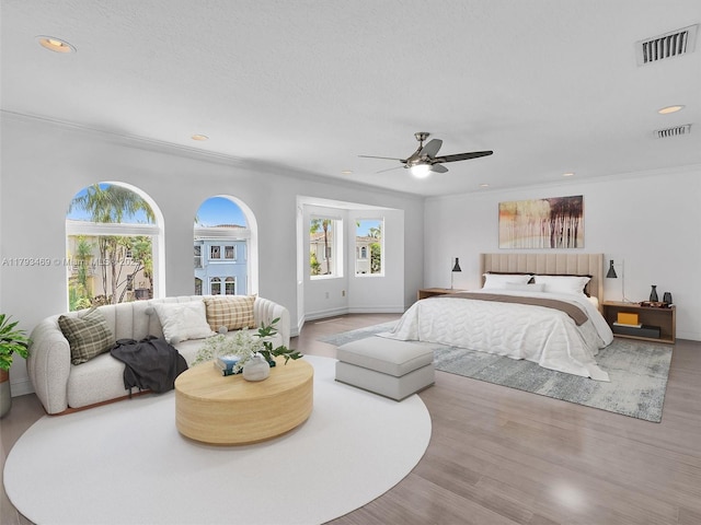3144 NE 212th St, Aventura, FL 33180 - bedroom featuring wood finished floors, crown molding, ceiling fan, recessed lighting, and baseboards