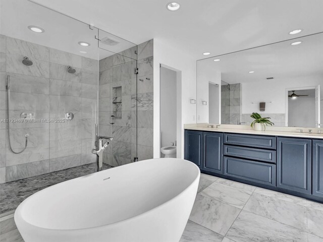 3144 NE 212th St, Aventura, FL 33180 - bathroom featuring a stall shower, double vanity, a soaking tub, recessed lighting, and ceiling fan