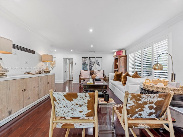 7945 SW 98th Ter, Miami, FL 33156 - dining space featuring ornamental molding, dark wood-style flooring, recessed lighting, and baseboards