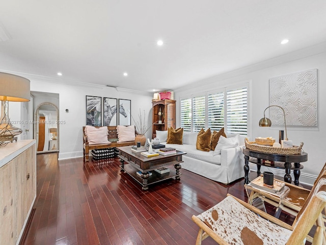 7945 SW 98th Ter, Miami, FL 33156 - living area with ornamental molding, dark wood-style floors, recessed lighting, and baseboards