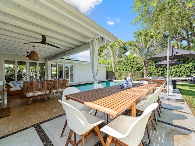 7945 SW 98th Ter, Miami, FL 33156 - view of patio / terrace with outdoor dining space, a ceiling fan, and outdoor lounge area