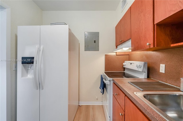 2 NW 47th St, Miami, FL 33127 - kitchen featuring white appliances, electric panel, under cabinet range hood, a sink, and light wood-style flooring