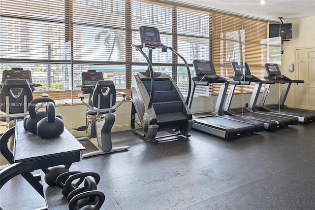 1000 Parkview Dr Unit 424, Hallandale Beach, FL 33009 - exercise room with healthy amount of natural light and a textured ceiling
