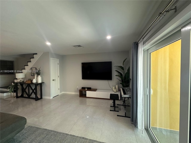 8443 SW 137th Ave Unit 8443, Miami, FL 33183 - tiled living area featuring stairs, baseboards, and recessed lighting