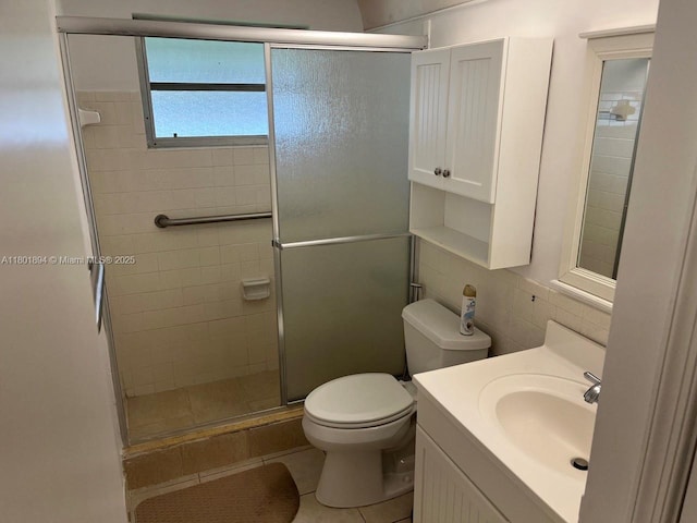 1130 NW 67th Ave, Margate, FL 33063 - full bathroom featuring a shower stall, vanity, toilet, decorative backsplash, and tile patterned floors