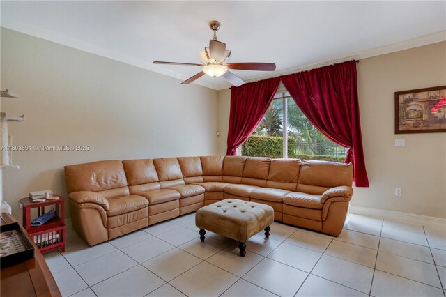 9248 SW 209th Ter, Cutler Bay, FL 33189 - living room with ceiling fan, light tile patterned floors, ornamental molding, and baseboards