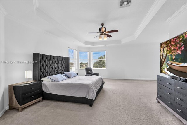5081 NW 120th Ave, Coral Springs, FL 33076 - bedroom featuring a raised ceiling, light colored carpet, ornamental molding, and a ceiling fan