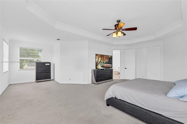 5081 NW 120th Ave, Coral Springs, FL 33076 - bedroom with a raised ceiling, ornamental molding, light carpet, and a ceiling fan