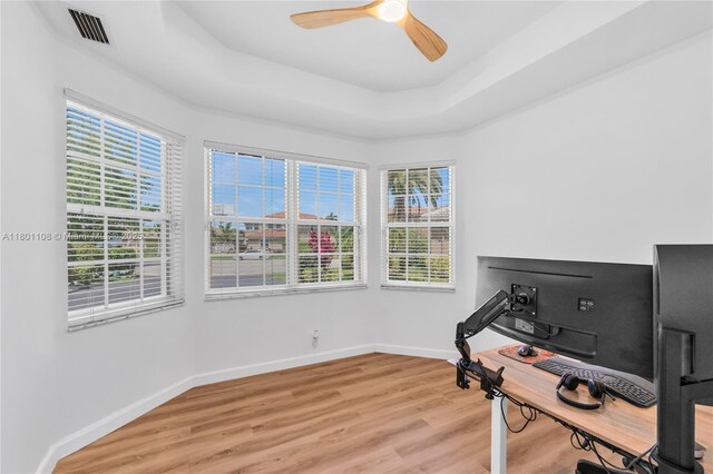 5081 NW 120th Ave, Coral Springs, FL 33076 - office with ceiling fan, light wood finished floors, and a raised ceiling