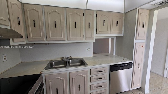kitchen with dishwasher, a sink, stove, light countertops, and light tile patterned floors