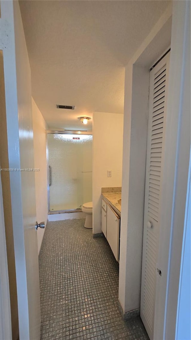 bathroom featuring a shower stall, toilet, vanity, and a closet