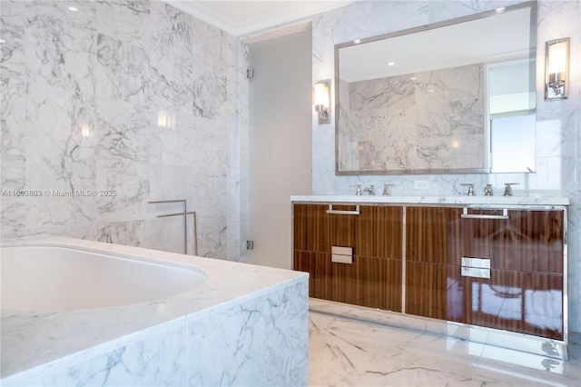 15701 Collins Ave Unit 3201, Sunny Isles Beach, FL 33160 - full bathroom featuring marble tiled floors, double vanity, and a tub with marble appearance