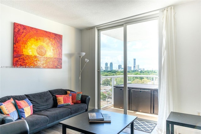 living area featuring expansive windows, a view of skyline, and a textured ceiling